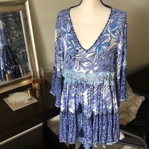 Boho v neck beaded tropical animal print beach cover up bell sleeve mini dress L